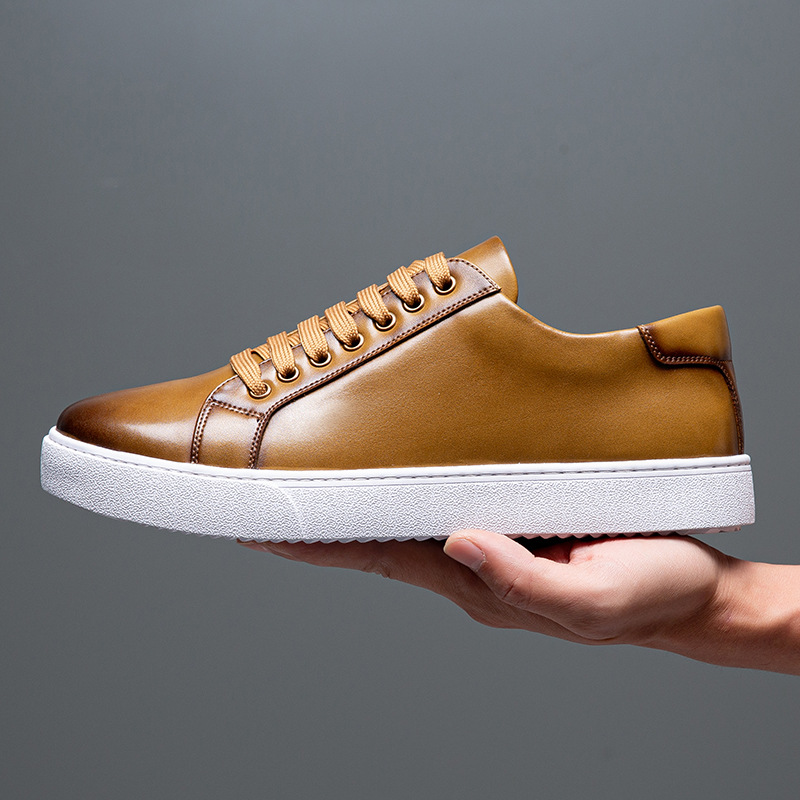 Luxury Shoes 2026 Men Full Grain Leather Skate Sneakers, Black White Sole Lace Up Business Casual Walking Shoes