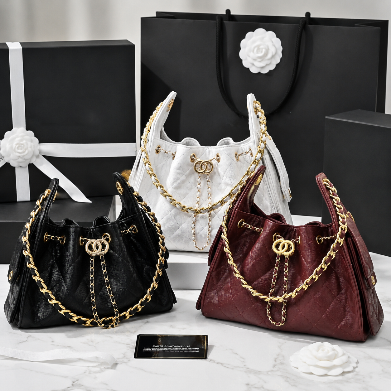 High-Quality Designer Bag: Mini 25 Tote Bag with Drawstring, Metal Chain and Leather Accents, Caviar Finish, Smooth Lambskin, Luxury Bag, Large Capacity Shopping Bag, 10A