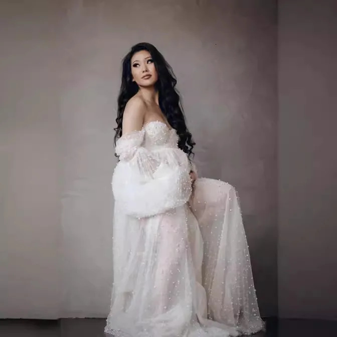 American European Maternity Dress Mesh Beaded Off-Shoulder Dress with Train Gown Pography Dress Pregnancy S261019 - view 5