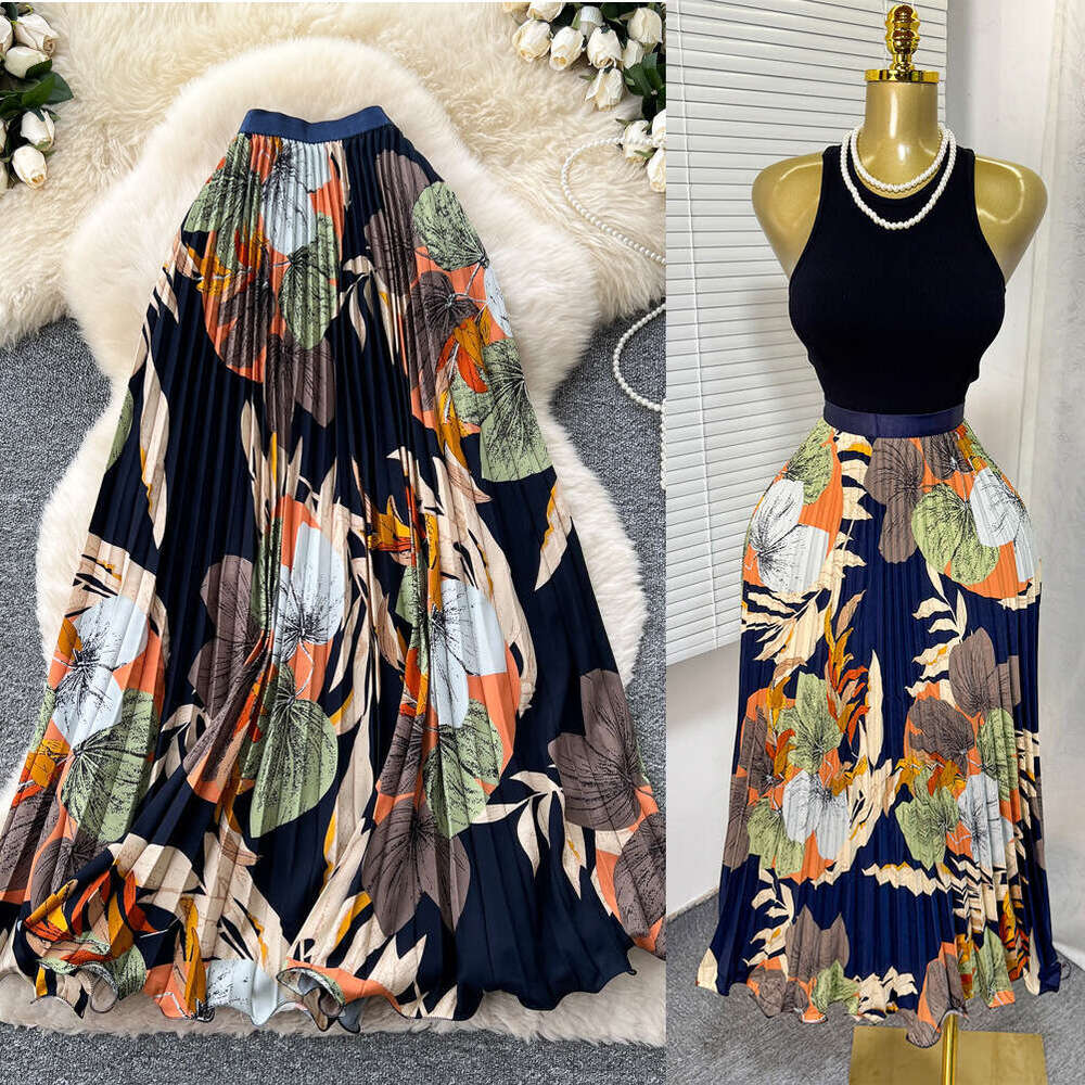 2026 New Summer Women Temperament Vintage All-match Skirt High Waist Printing Medium Length A-line Pleated Big Skirt Skirt - view 5