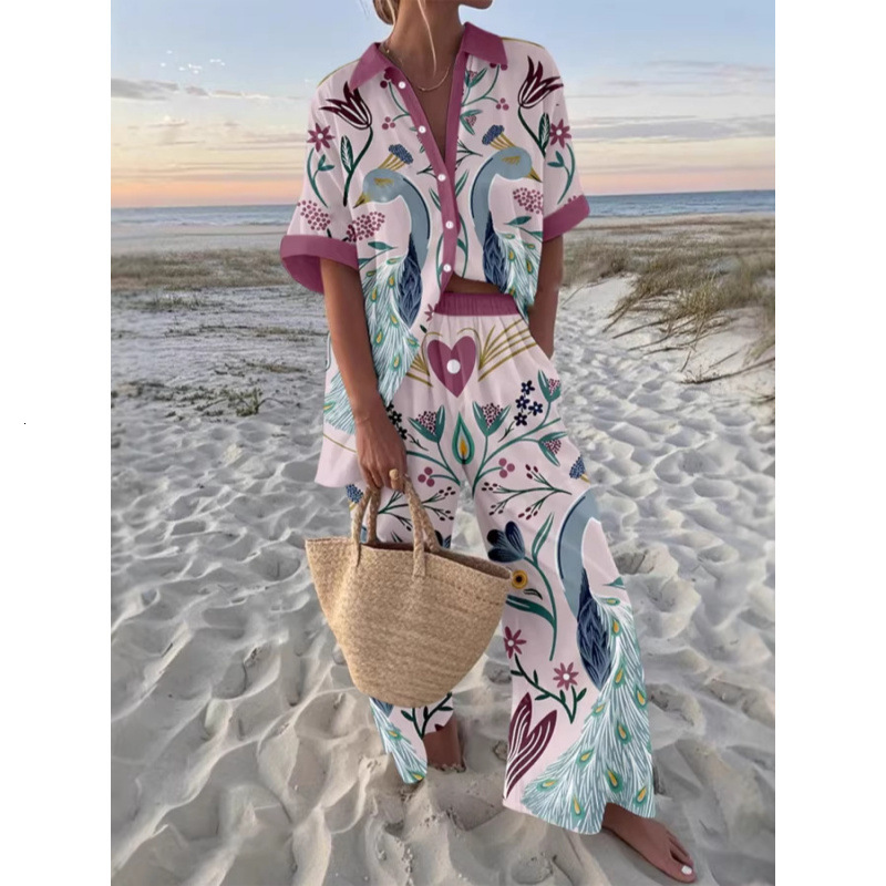 Vacation casual loose and relaxed resortstyle womens printed longsleeve shirt pants outfit 211105