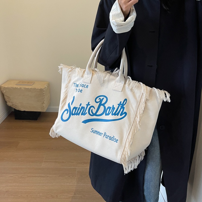 Saint Barth Bag: Women's Large Canvas hot Stripe Tote, Tote Bags for Women, Leisure Tourism Handbag with Handmade Tassels