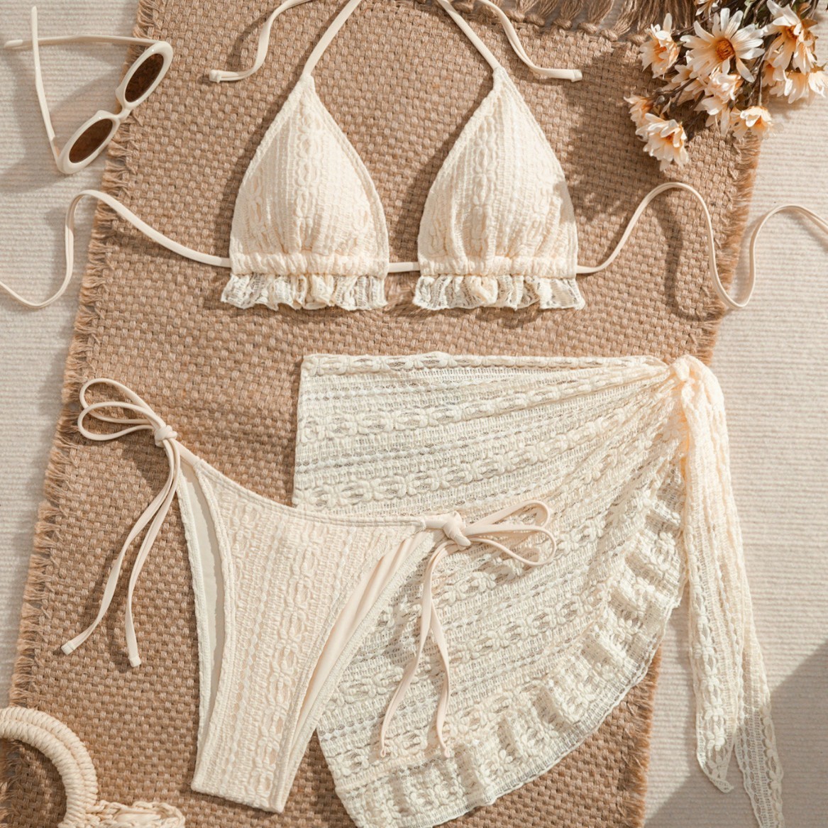 New sexy bikini three piece gauze skirt swimsuit bikini neck hanging solid color swimsuit 250306