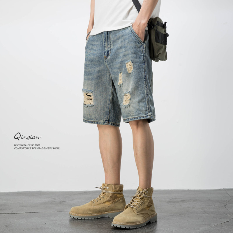 Vintage Jeans Mens Shorts Mud Street Fashion Bermuda Pants Straight Loose Distressed Patchwork Denim Shorts 241015