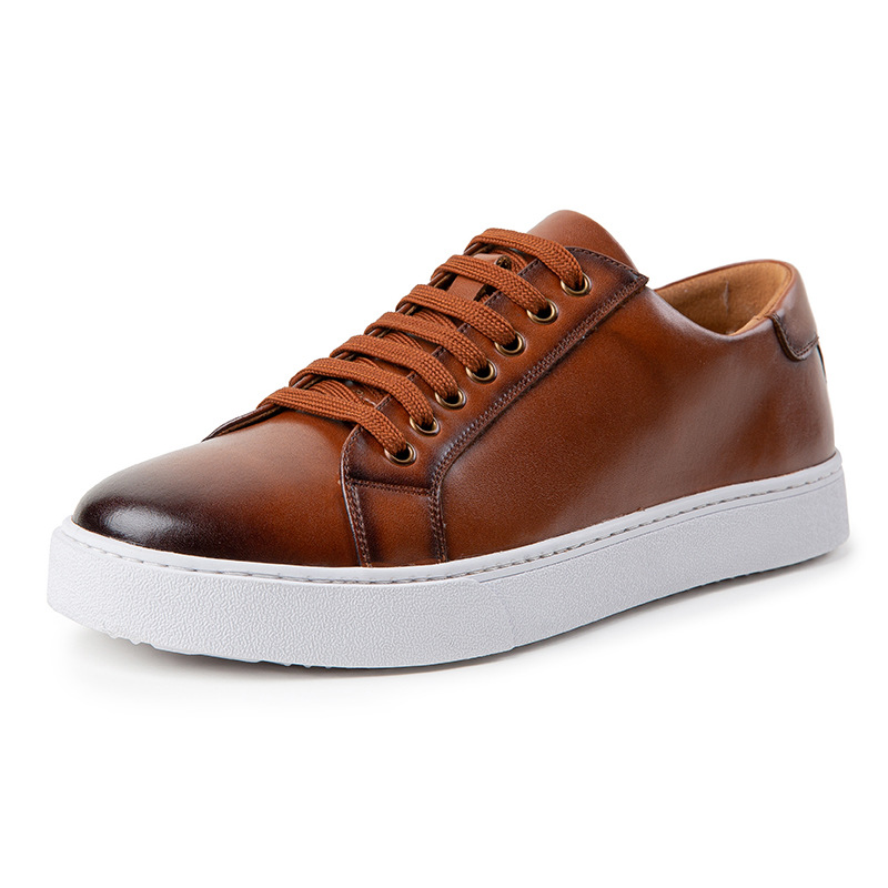 Luxury Shoes 2026 Men Full Grain Leather Skate Sneakers, Black White Sole Lace Up Business Casual Walking Shoes