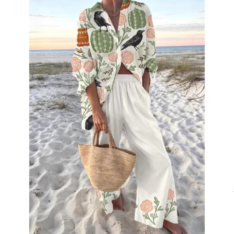 Vacation casual loose and relaxed resortstyle womens printed longsleeve shirt pants outfit 211105