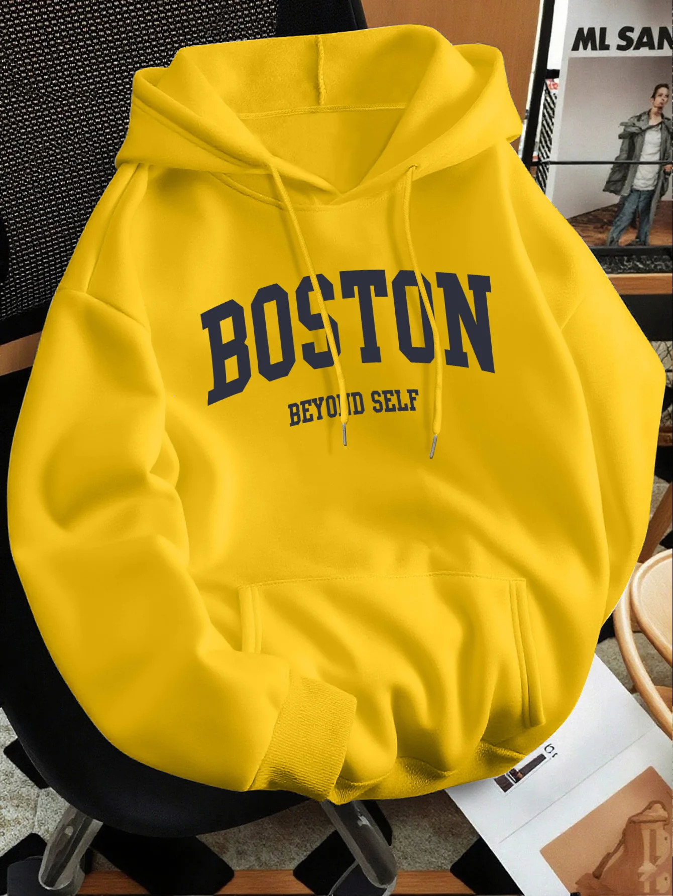 Mens Bostoninspired letter print premium retro hooded sweatshirt regular fit collar solid color graphic y260618 - view 5