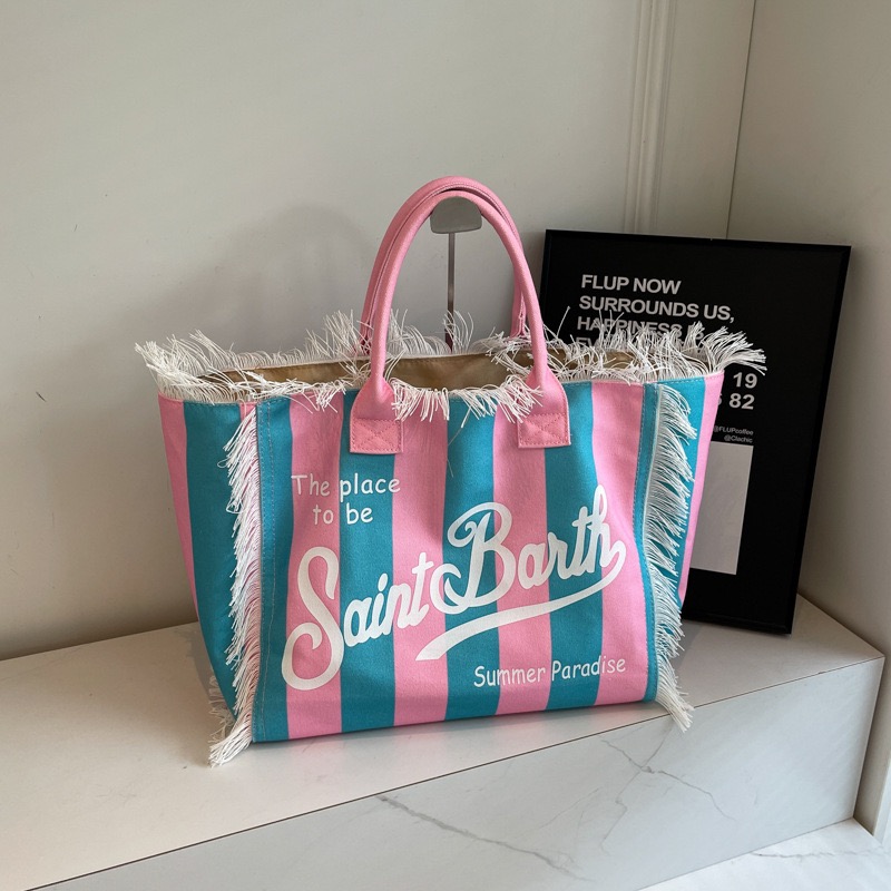 Saint Barth Bag: Women's Large Canvas hot Stripe Tote, Tote Bags for Women, Leisure Tourism Handbag with Handmade Tassels