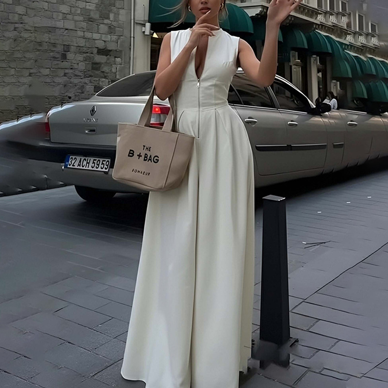Women's Jumpsuits Solid Color Sleeveless Zip Up Palazzo Jumpsuit Loose High Waist Wide Leg Pockets Elegant Party Office Overalls 2026