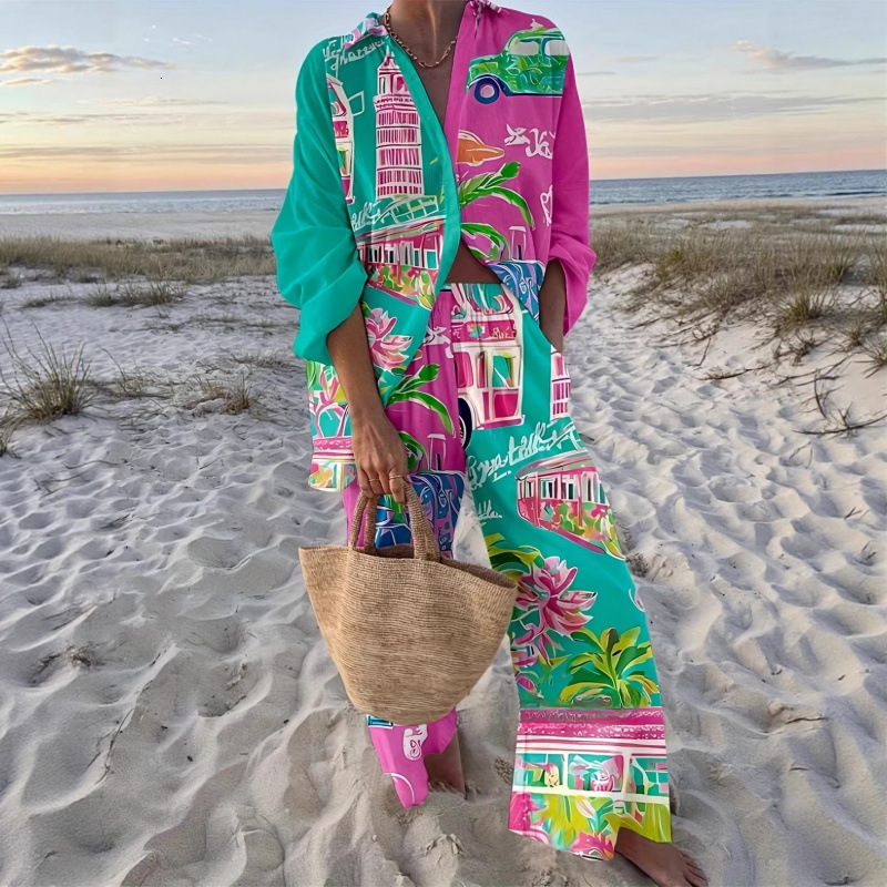 Vacation casual loose and relaxed resortstyle womens printed longsleeve shirt pants outfit 211105