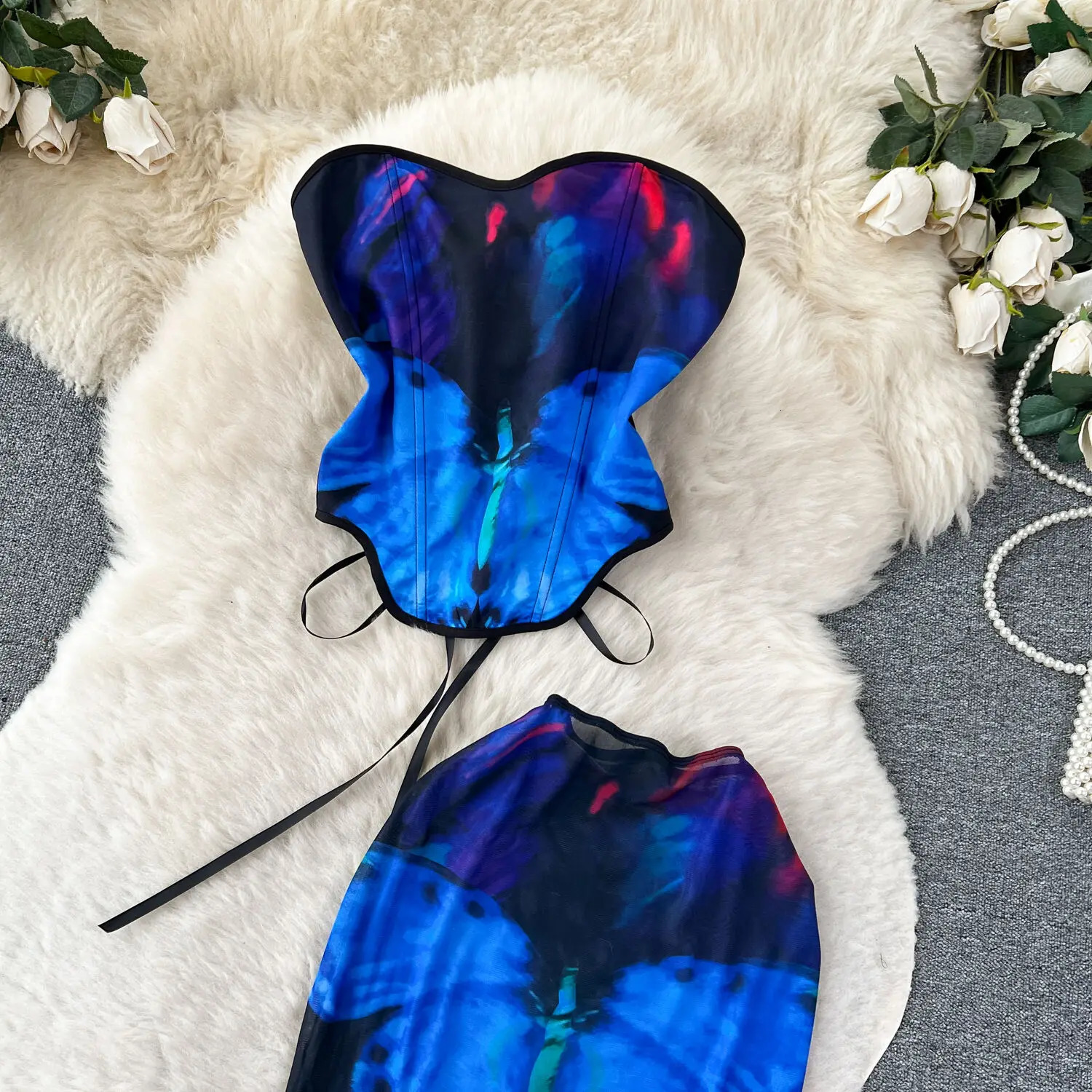 Womens Summer Sexy Lace Up Tight Sleevless Bra Top And Fashion n Print Mini Long Half Skirt Two Piece Set 260615 - view 3