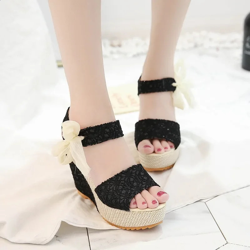 Summer Fashion Slope Heel Fish Mouth Womens Sandals Party Lace Strap Waterproof Platform Thick soled High Heels 260625 - view 6