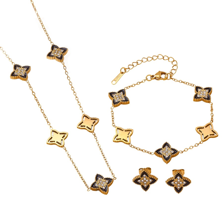 Luxurious sophisticated diamond-embellished four-leaf clover bracelet, necklace, and earrings stainless steel set for women - view 6