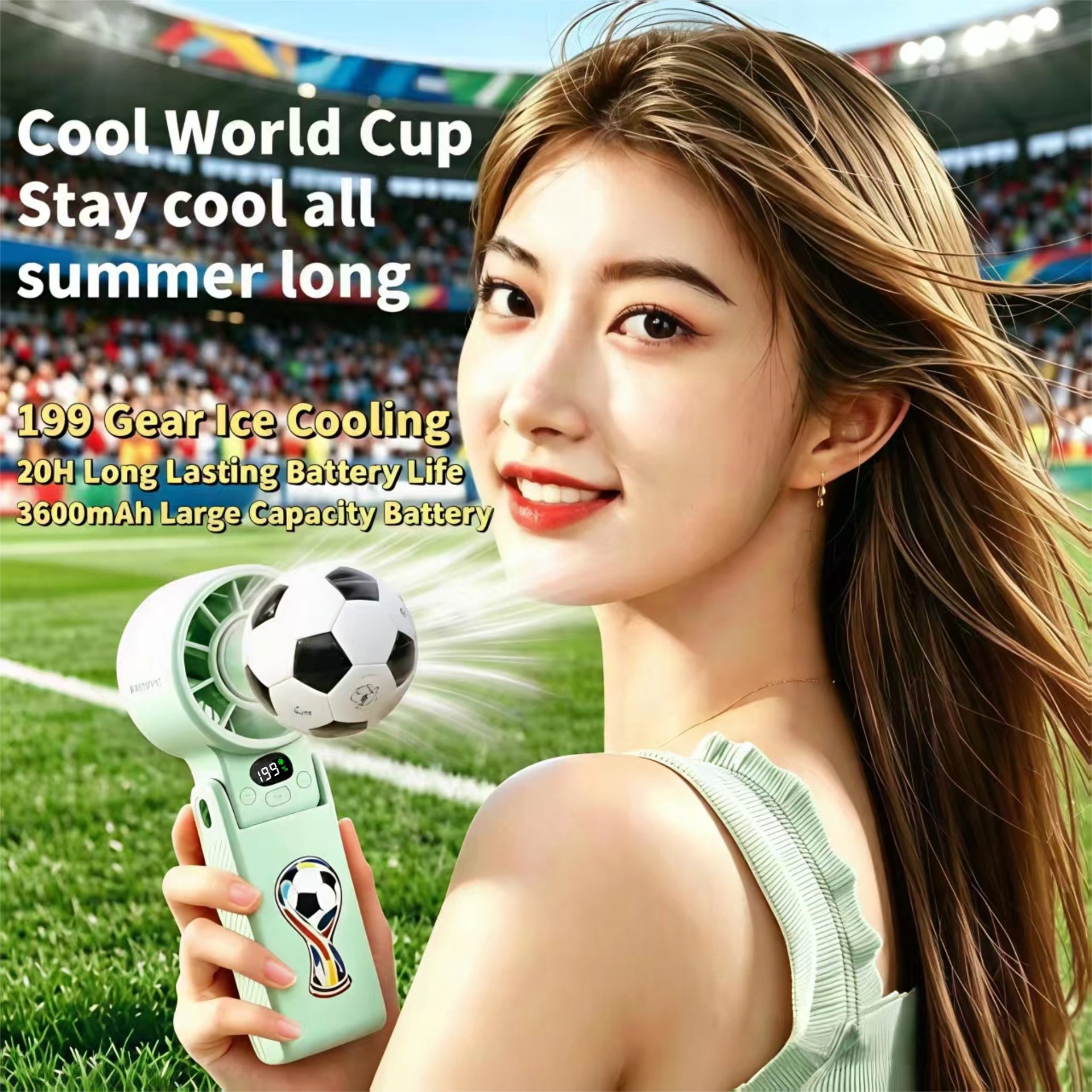 Football Print Semiconductor Ice Compress Foldable Hand Fan 3600mAh Long Runtime 19 Speed Digital USB Portable Fan