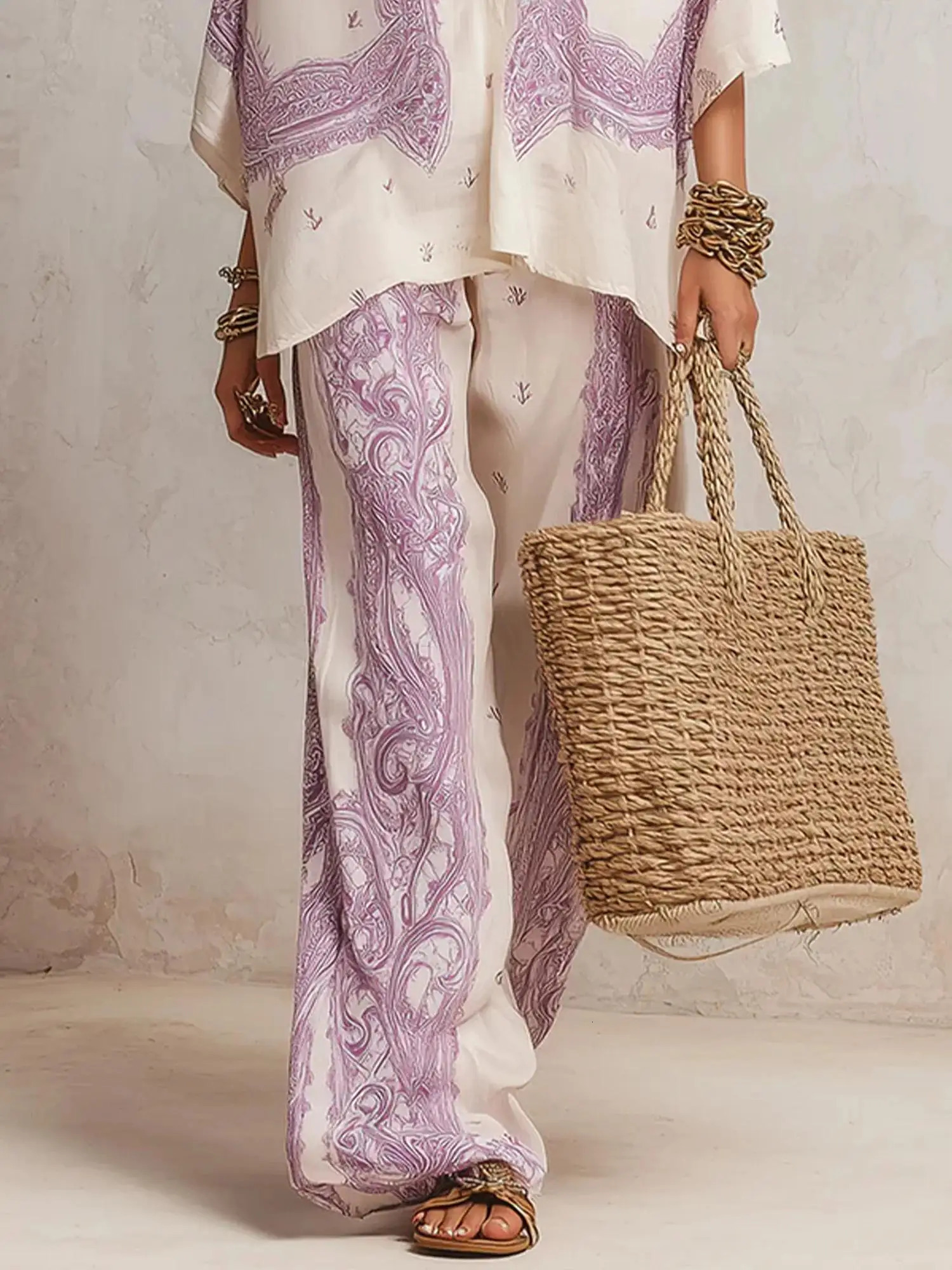Summer Paisley Printing 2 Piece Set Women Elegant Lapel Long Sleeve Shirt Top Wide Leg Pants Casual Loose Suit for Vacation 260610 - view 3