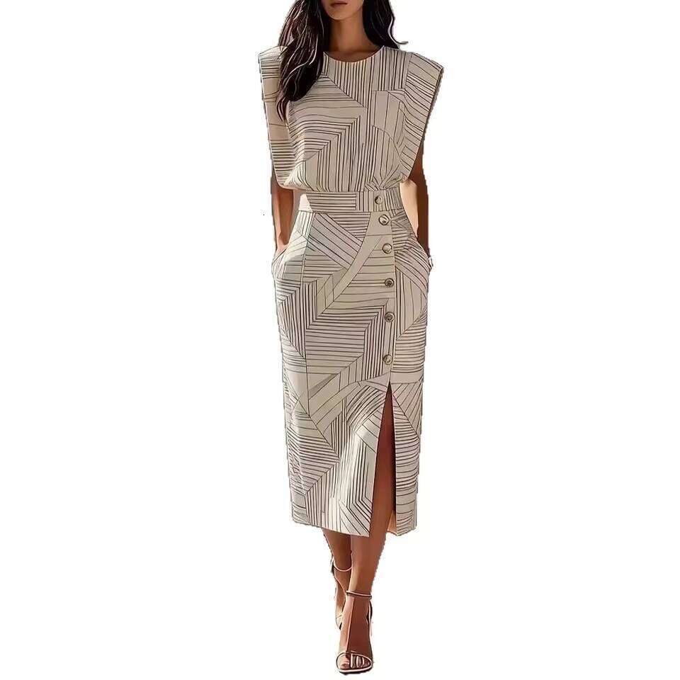 Elegant Long Two Piece Set Women's Print Sleeveless O Neck Vest Slim Suit Temperament 2026 New Fashion Skirt Sets Asia Size Asia Size