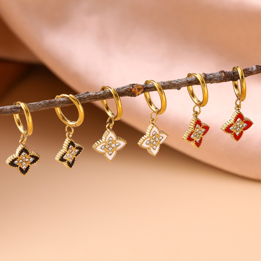 Exclusive cross-border geometric micro-inlaid zircon four-leaf clover earrings, niche high-end light luxury style stainless steel oil-drip earrings - view 3