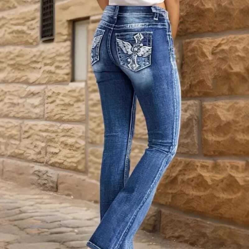 Jeans with cross-stitch embroidery, low-waist design, washed look, and slightly flared hem. M260616