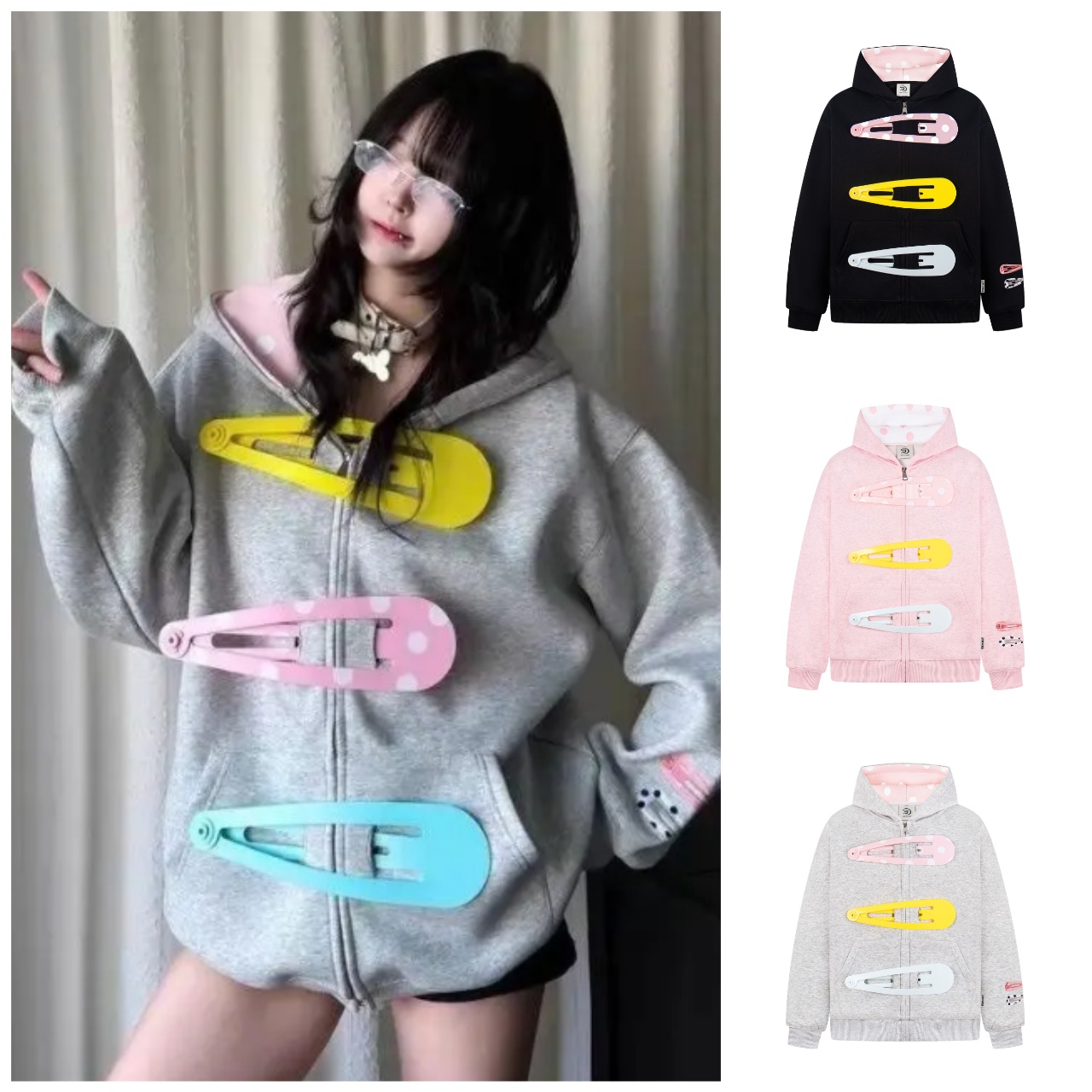 Women's Hoodies Fun Design Cute Hairpin Hooded Jacket Niche Loose Easy-matching Couple's Hoodie Top Sweet Girl Grunge Kawaii Clothes