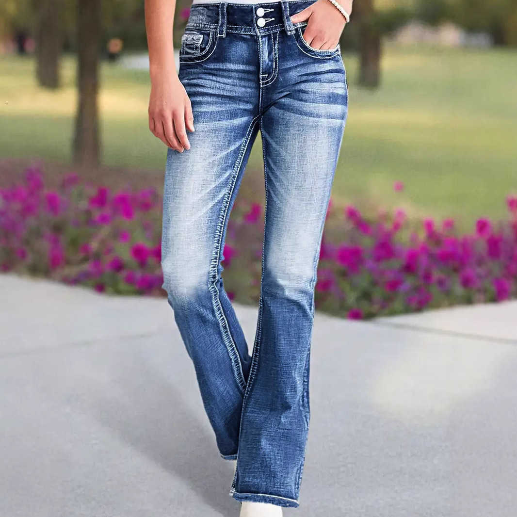 Jeans with cross-stitch embroidery, low-waist design, washed look, and slightly flared hem. M260616