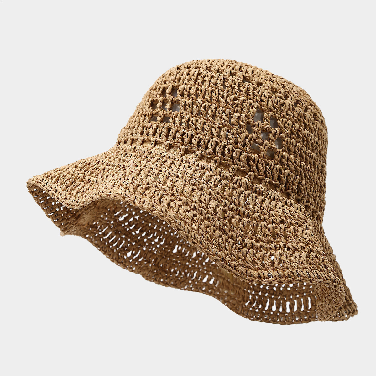 Korean Style Spring Summer Fashion Hook Flower Breathable Straw Woven Shapable Bucket Hat for Women Beach Vacation Casual Sun Protection 260228