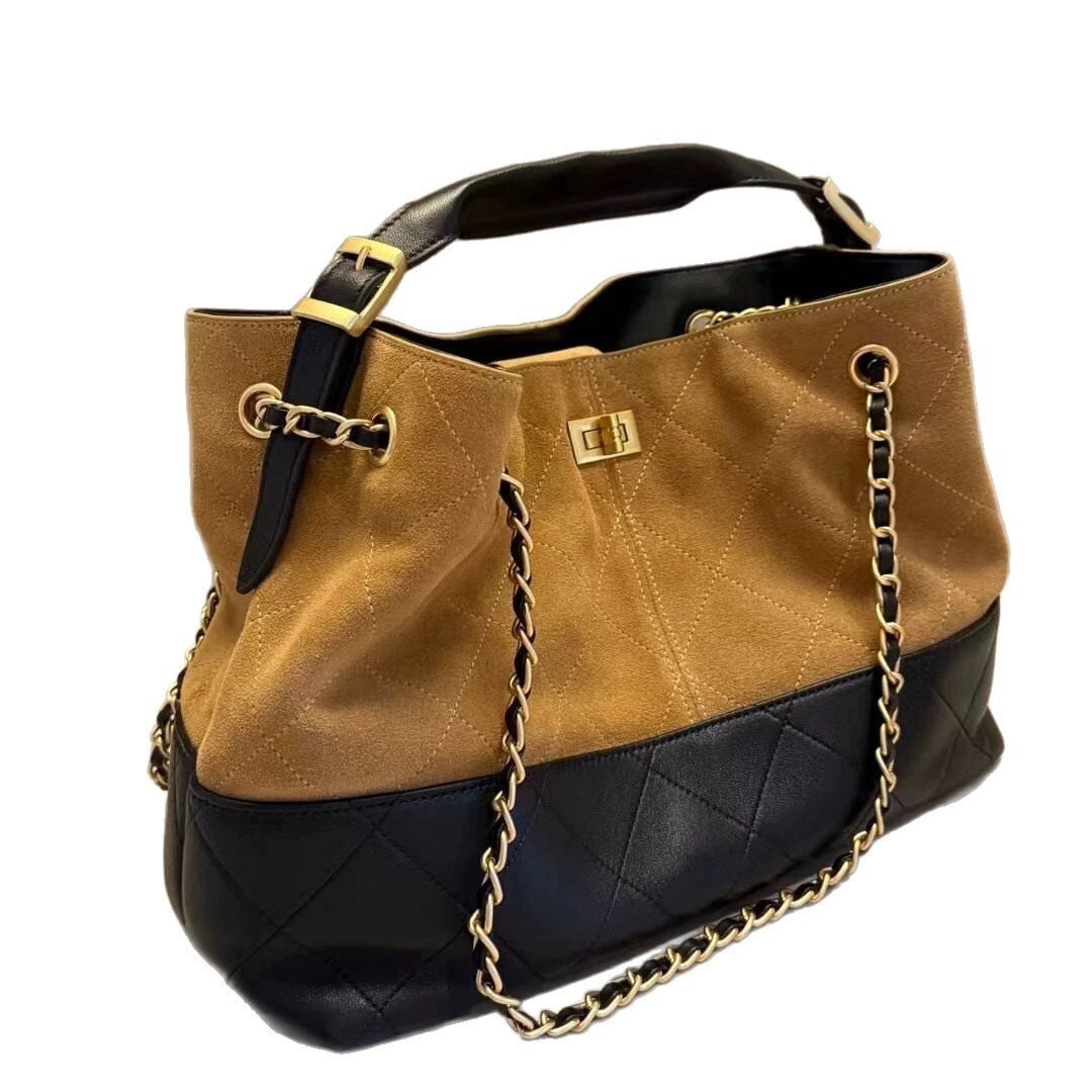 Women Two Tone Suede Leather Bucket Bag Quilted Chain Crossbody Handbag Gold Turn Lock Top Handle Large Capacity Shoulder Tote Purse - view 6