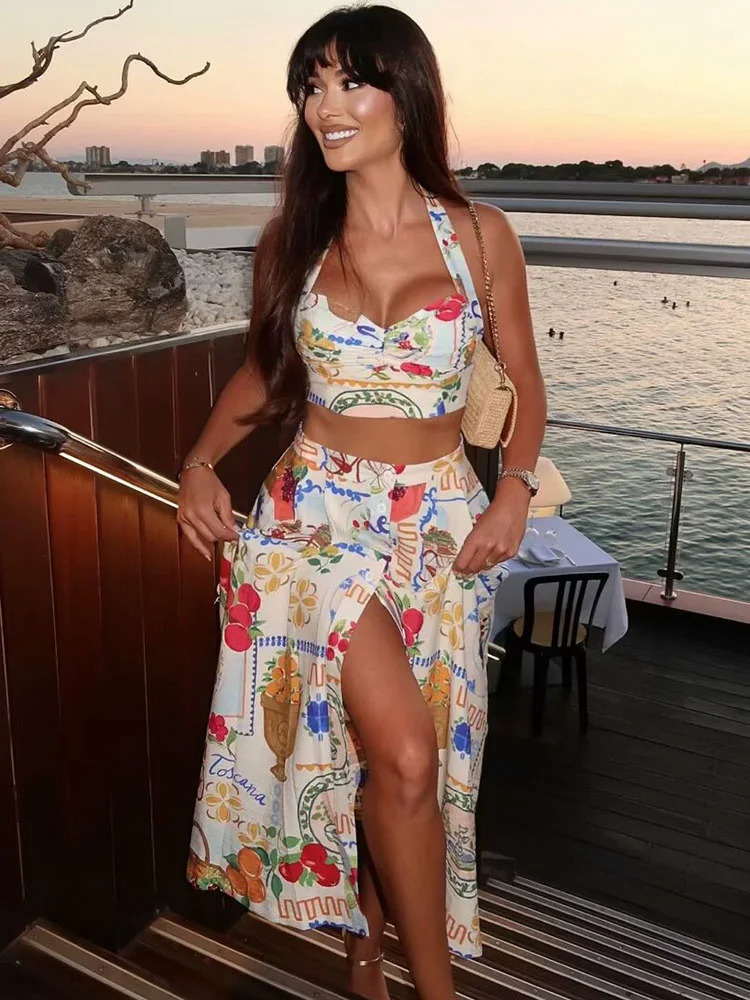 HH Women 2 Piece Set Sexy Backless Buttons Sleeveless Mini Sling Print TopFashion High Waist Button Pocket Midi Skirt Mujer 260615 - view 4