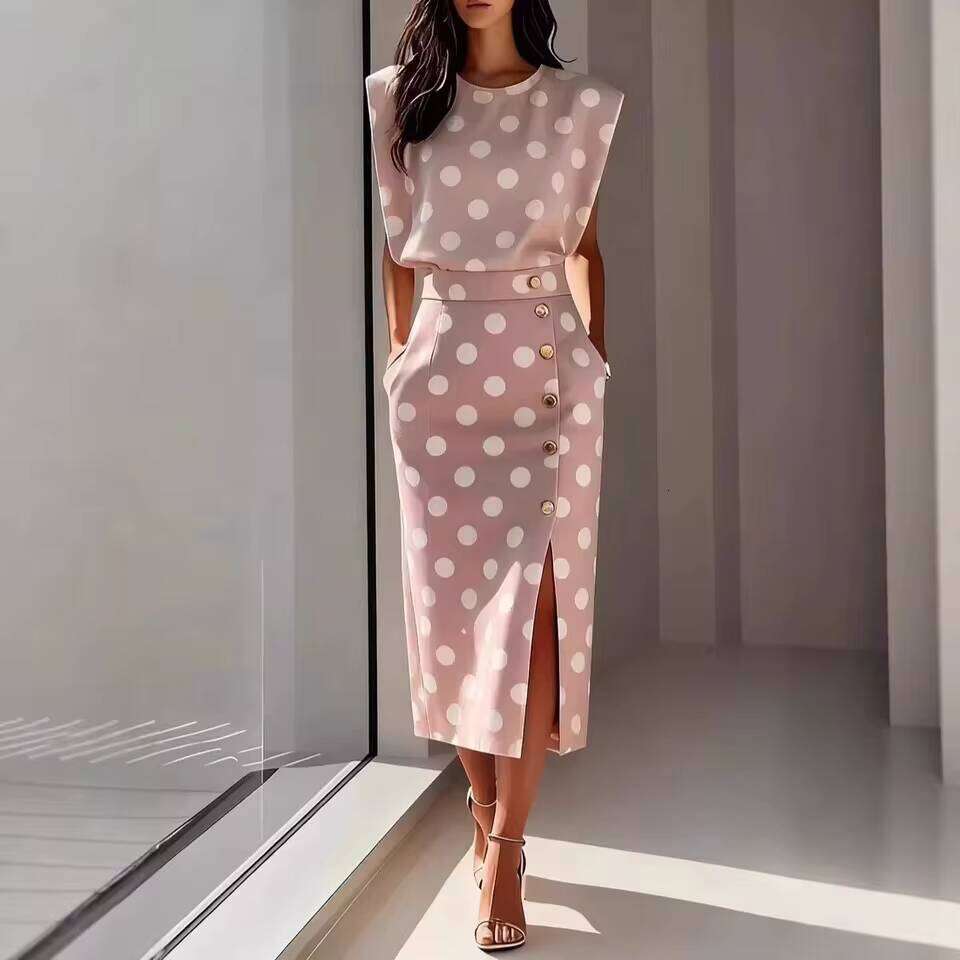 Elegant Long Two Piece Set Women's Print Sleeveless O Neck Vest Slim Suit Temperament 2026 New Fashion Skirt Sets Asia Size Asia Size