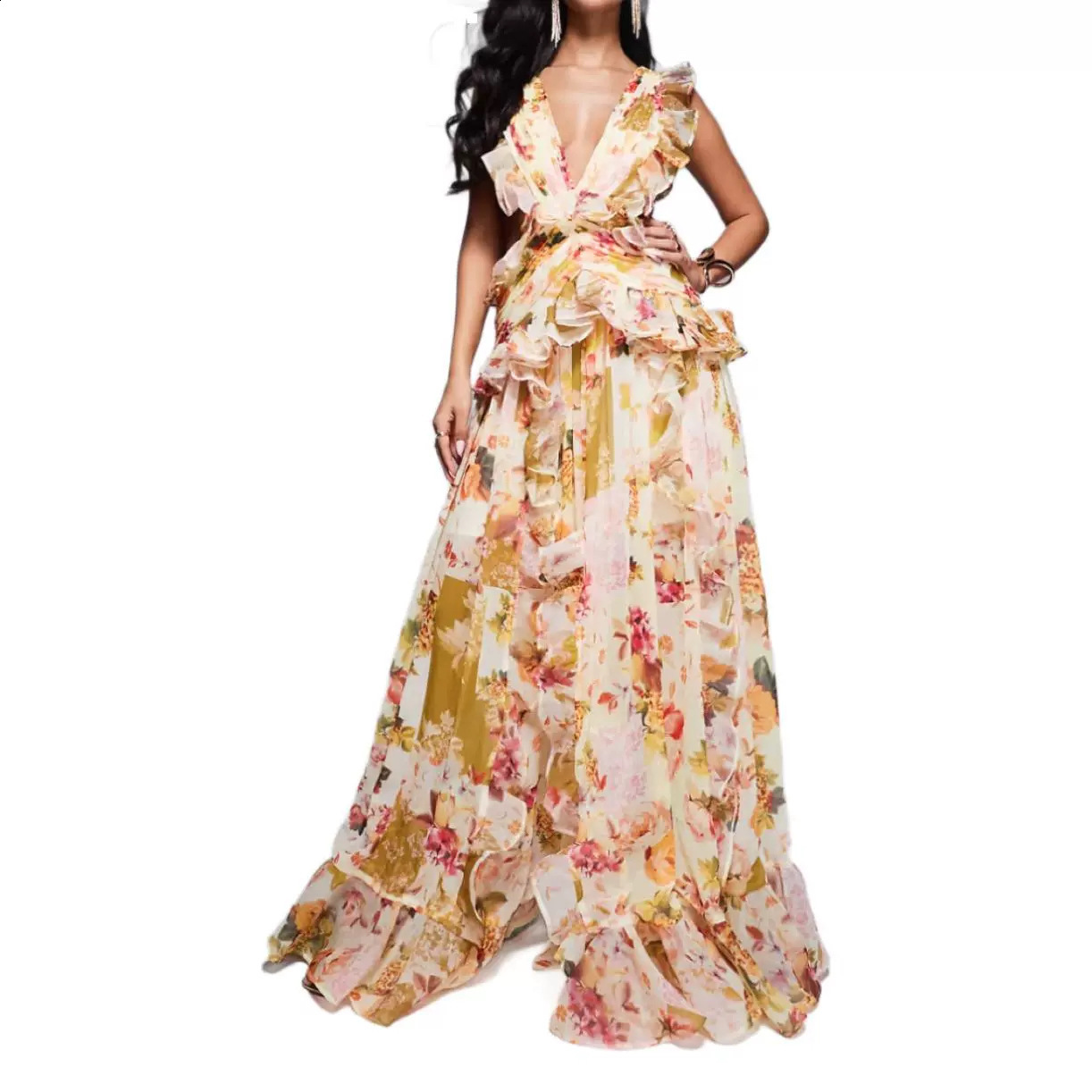 Sexy Womens Clothing fashion Elegant Thin Shoulder Strap Ruffled VNeck Printed Dress 250610