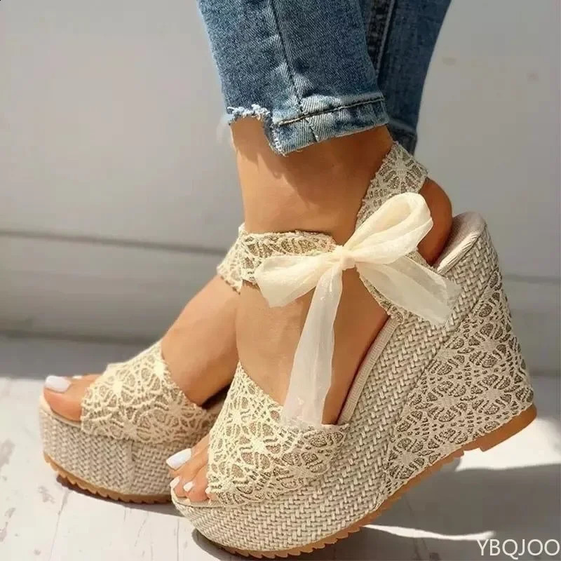Summer Fashion Slope Heel Fish Mouth Womens Sandals Party Lace Strap Waterproof Platform Thick soled High Heels 260625 - view 4