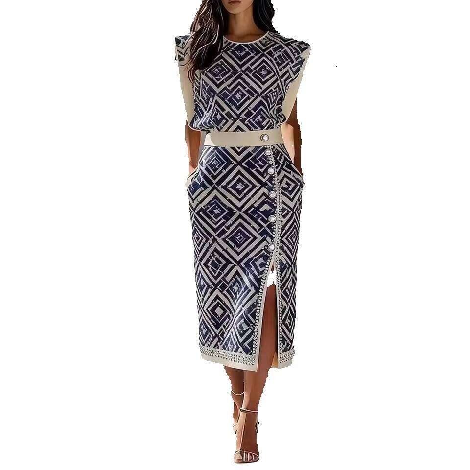 Elegant Long Two Piece Set Women's Print Sleeveless O Neck Vest Slim Suit Temperament 2026 New Fashion Skirt Sets Asia Size Asia Size