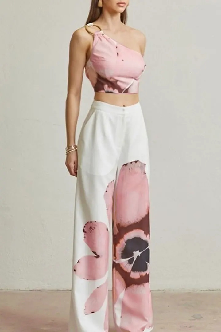Matching Sets Wide Leg Full Length Pant Sexy Print One Shoulder Tops Pullover Pant Sets Loose Pockets High Street Spliced 260615 - view 7