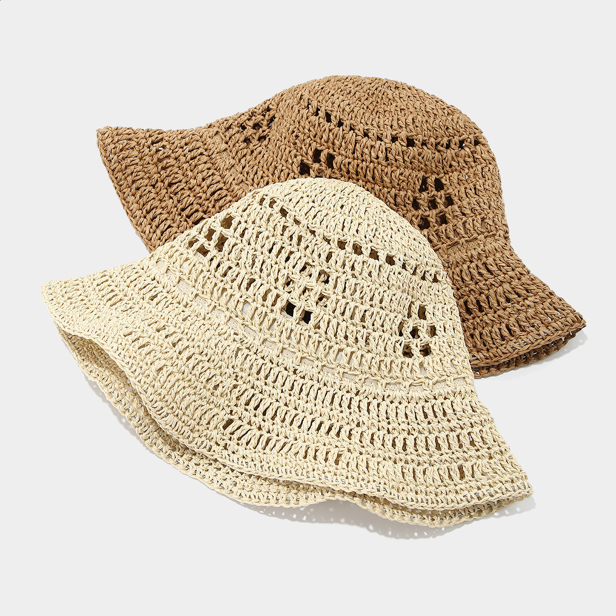 Korean Style Spring Summer Fashion Hook Flower Breathable Straw Woven Shapable Bucket Hat for Women Beach Vacation Casual Sun Protection 260228