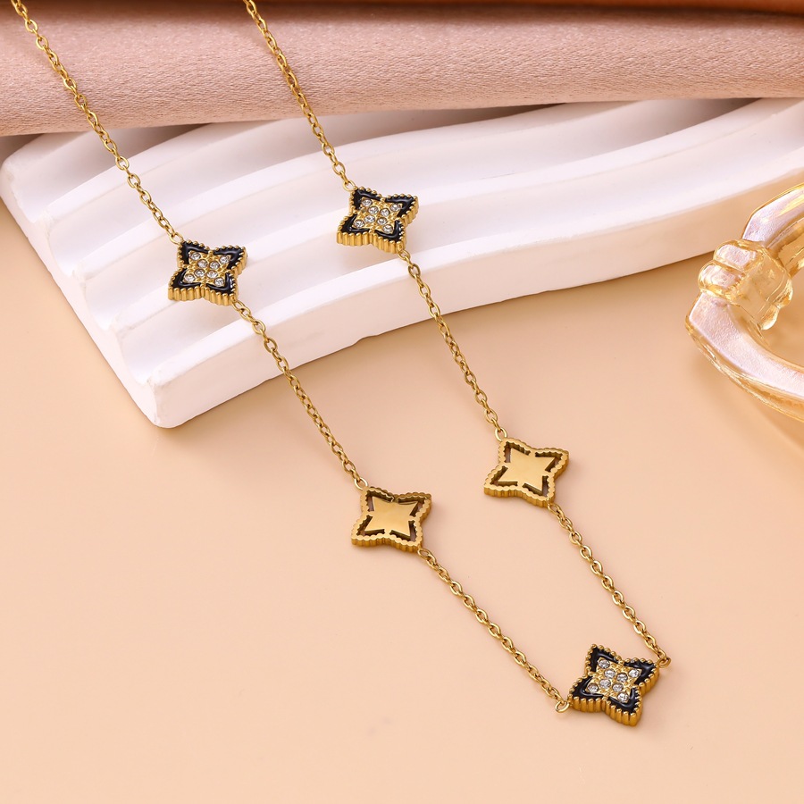 Luxurious sophisticated diamond-embellished four-leaf clover bracelet, necklace, and earrings stainless steel set for women - view 3