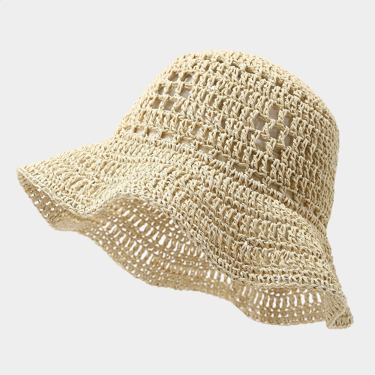 Korean Style Spring Summer Fashion Hook Flower Breathable Straw Woven Shapable Bucket Hat for Women Beach Vacation Casual Sun Protection 260228