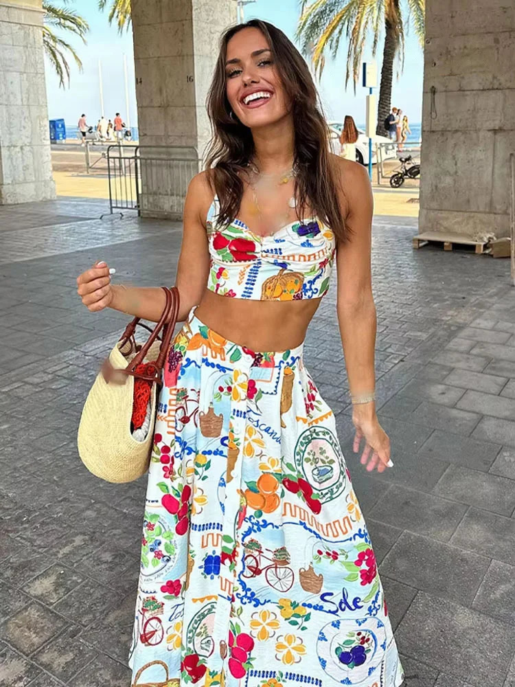 HH Women 2 Piece Set Sexy Backless Buttons Sleeveless Mini Sling Print TopFashion High Waist Button Pocket Midi Skirt Mujer 260615
