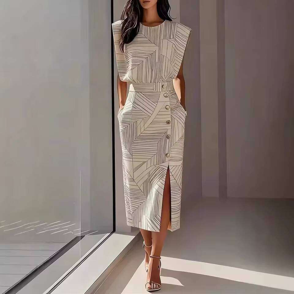 Elegant Long Two Piece Set Women's Print Sleeveless O Neck Vest Slim Suit Temperament 2026 New Fashion Skirt Sets Asia Size Asia Size