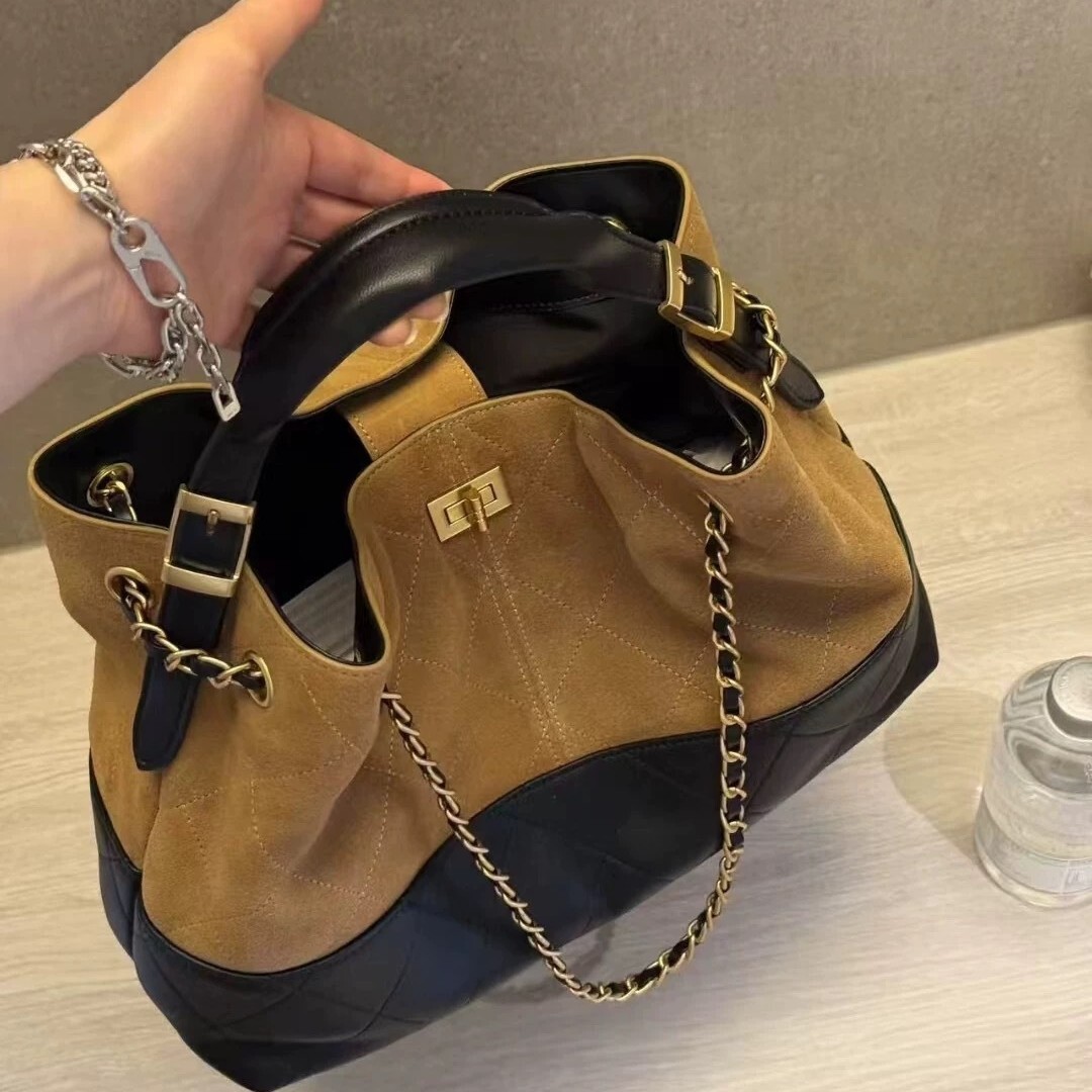 Women Two Tone Suede Leather Bucket Bag Quilted Chain Crossbody Handbag Gold Turn Lock Top Handle Large Capacity Shoulder Tote Purse - view 5