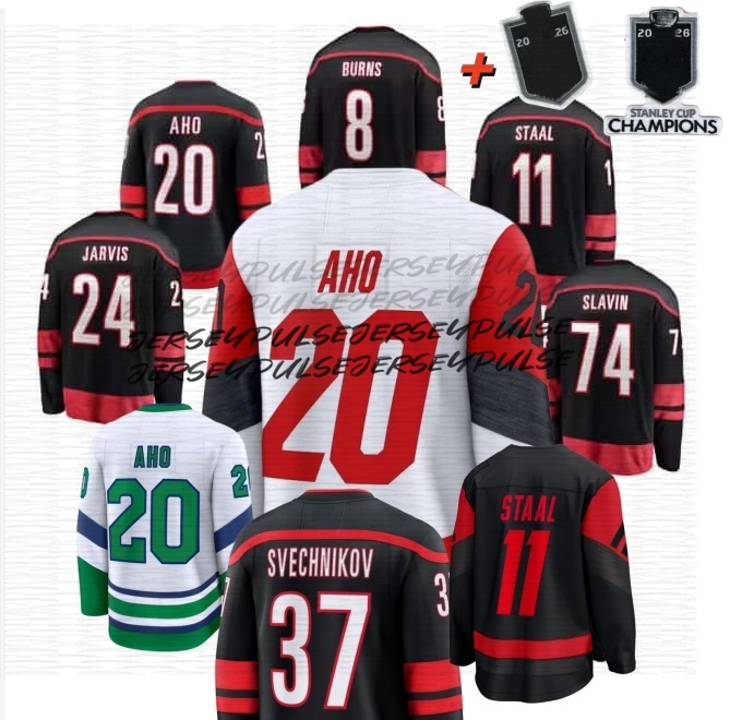 20 Sebastian Aho 2026 Stanley Cup Final Champs Hurricanes Jersey Brandon Bussi Andrei Svechnikov Taylor Hall Logan Stankoven K'Andre Miller Seth 