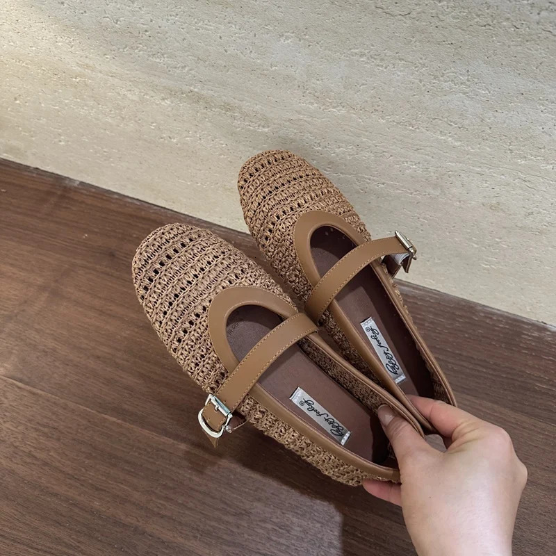2026 Summer Breathable Hollow out Weave Women Ballet Flats Fashion Mary Janes Soft Soles Walking Loafers Casual Girls Shoes 260626 - view 5