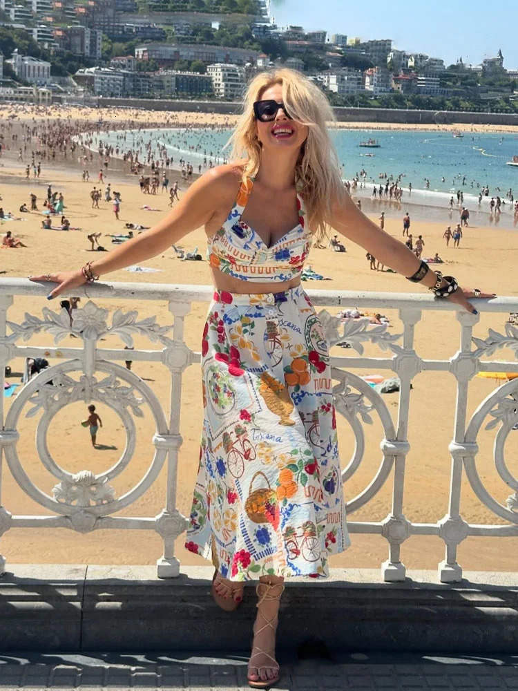 HH Women 2 Piece Set Sexy Backless Buttons Sleeveless Mini Sling Print TopFashion High Waist Button Pocket Midi Skirt Mujer 260615 - view 6