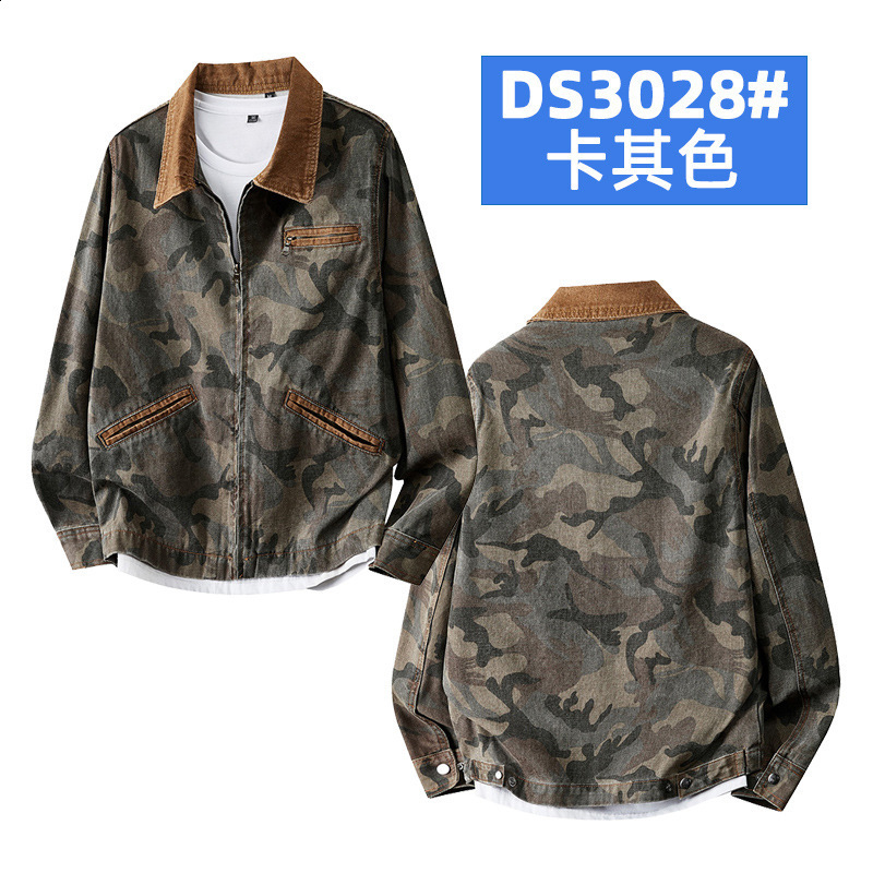 Mens Spring Casual Camouflage Jacket Retro Detroit Color Comparison Splicing Work Collar Heavy Cargo Jacket 250403