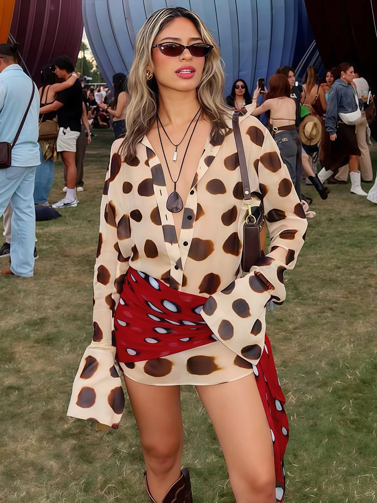 Cute Sexy Single-Breasted Dress Women Silk Scarf Strap Patchwork Full Sleeve Polka Dot Print tie Music Festival Bodycon 260615 - view 3