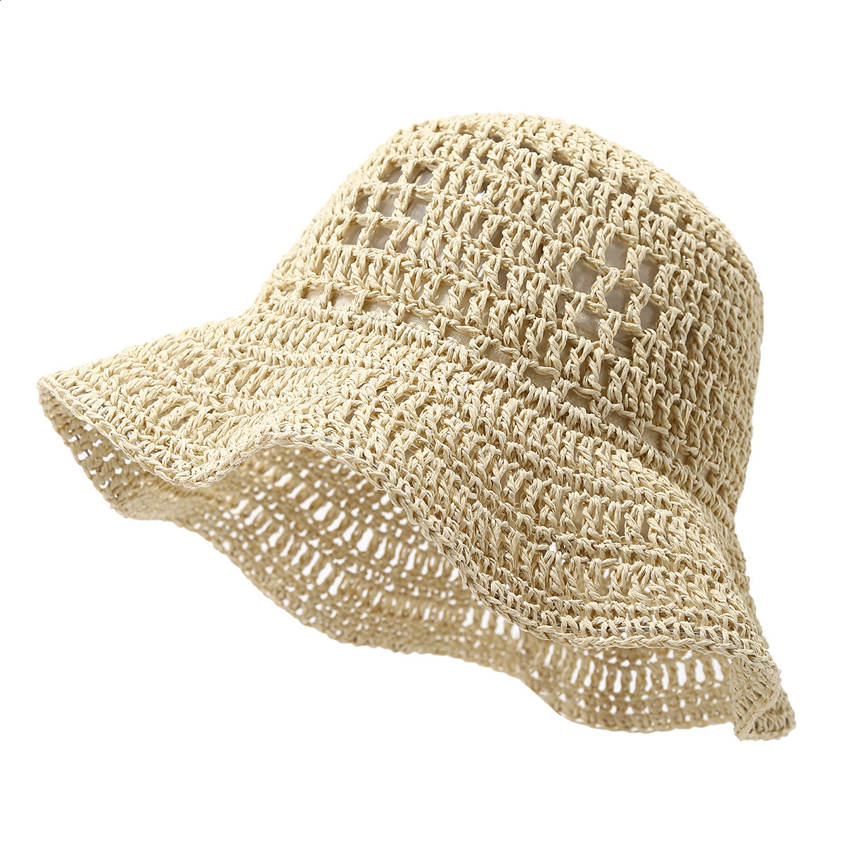 Korean Style Spring Summer Fashion Hook Flower Breathable Straw Woven Shapable Bucket Hat for Women Beach Vacation Casual Sun Protection 260228