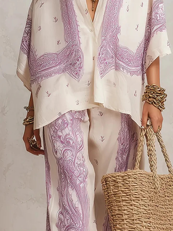 Summer Paisley Printing 2 Piece Set Women Elegant Lapel Long Sleeve Shirt Top Wide Leg Pants Casual Loose Suit for Vacation 260610 - view 4