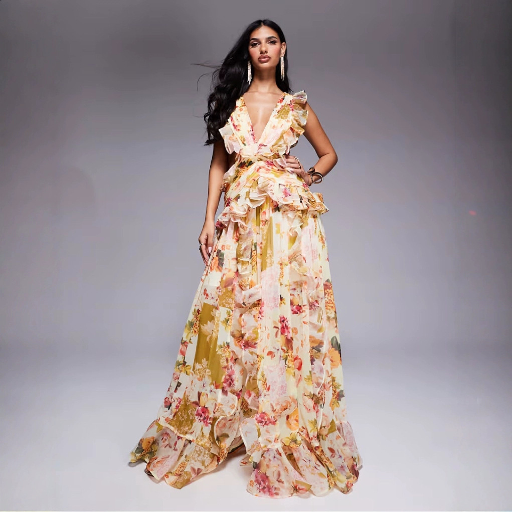 Sexy Womens Clothing fashion Elegant Thin Shoulder Strap Ruffled VNeck Printed Dress 250610