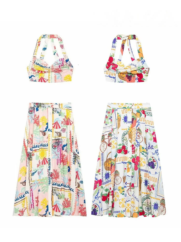 HH Women 2 Piece Set Sexy Backless Buttons Sleeveless Mini Sling Print TopFashion High Waist Button Pocket Midi Skirt Mujer 260615 - view 7