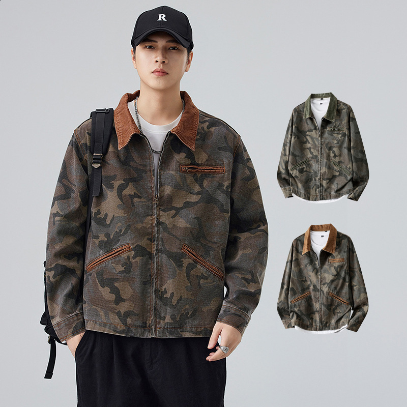 Mens Spring Casual Camouflage Jacket Retro Detroit Color Comparison Splicing Work Collar Heavy Cargo Jacket 250403
