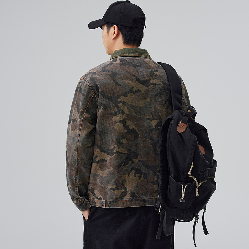Mens Spring Casual Camouflage Jacket Retro Detroit Color Comparison Splicing Work Collar Heavy Cargo Jacket 250403