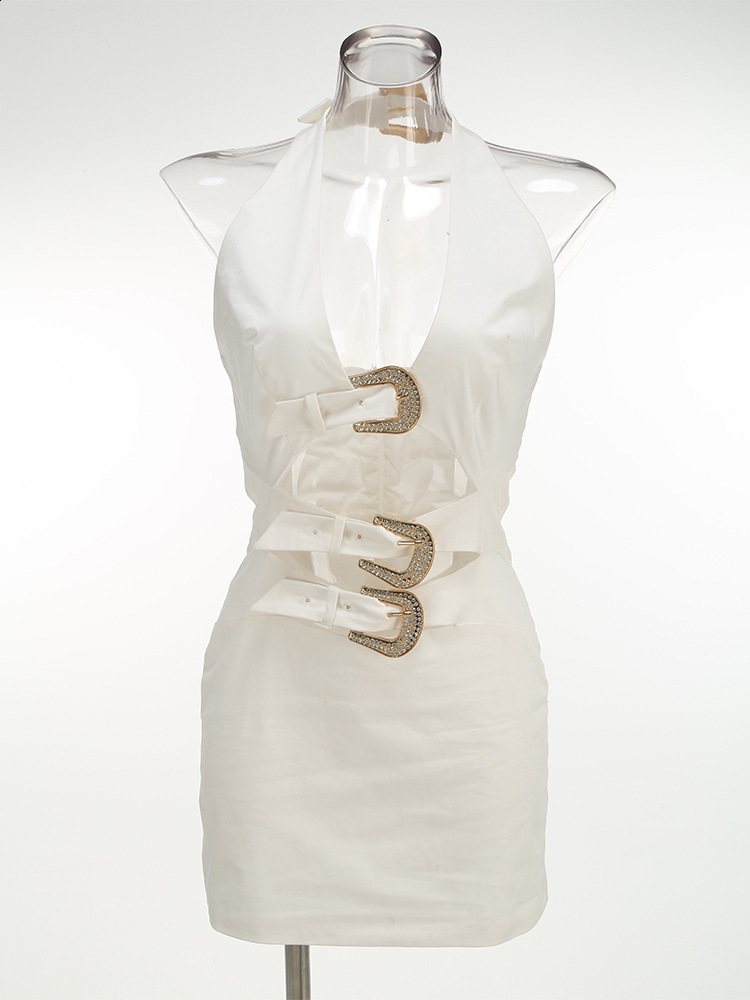 New Style Sexy Hollow Out Backless Halter Dress with Metal Decoration Elegant Gown Short Dress 250310